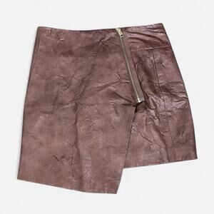 Brown Leather Mini Skirt Asymmetric Hem￼French Girl Clean Girl Small S Size 6